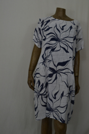 Moon Jurk met kleine zakjes wit met blauw bloem