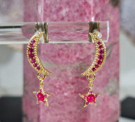 Oorbellen Moon & Stars - Koper Gold Plated Fuchsia