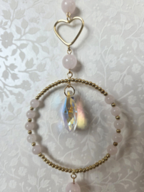 Raamhanger Suncatcher Harten met Rozenkwarts 34 cm roze