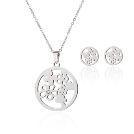 Sieraden Set bloemen en strass- ketting met oorbellen - RVS