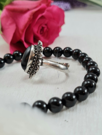 Ring - Zwarte Toermalijn - Verstelbaar - Messing