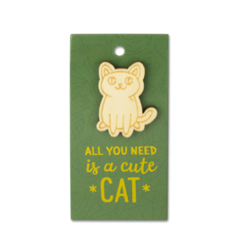 Houten Broche op cadeaukaartje - cute Cat