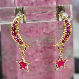 Oorbellen Moon & Stars - Koper Gold Plated Fuchsia