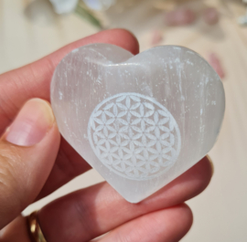 Seleniet - hart - Knuffelsteen met - Bloem des levens