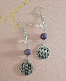 Oorbellen - Flower of life - Levensbloem - Amethist - Bergkristal - 6.5 cm