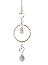 Raamhanger Suncatcher Harten met Rozenkwarts 34 cm roze