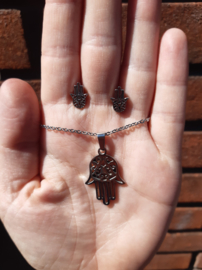 Ketting met hamsa hand - sieraden set - ketting met oorbellen - RVS