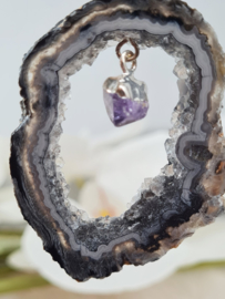 Agaat Geode Druzy Edelsteen Hanger met Amethist in Zilver