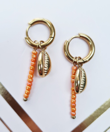 Oorbellen Schelp met oranje kraaltjes - Stainless Steel no.12