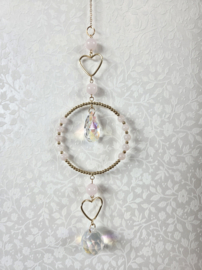 Raamhanger Suncatcher Harten met Rozenkwarts 34 cm roze