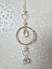 Raamhanger Suncatcher Harten met Rozenkwarts 34 cm roze