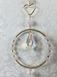 Raamhanger Suncatcher Harten met Rozenkwarts 34 cm roze