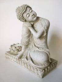 Beeld - Boeddha - rusthouding - kaarshouder - steengrijs - 17,5 cm