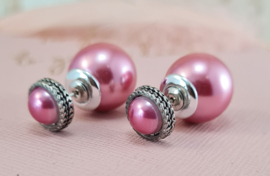 Oorbellen - Telinga - dubbel halve bol met strass rand - roze - oorsteker