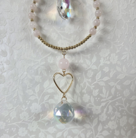 Raamhanger Suncatcher Harten met Rozenkwarts 34 cm roze