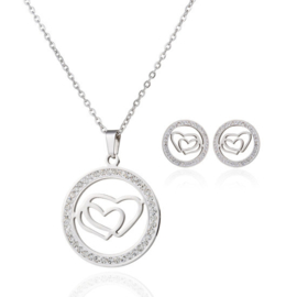 Sieraden Set - Dubbele Harten met stras - ketting met oorbellen - RVS