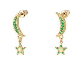 Oorbellen Moon & Stars - Koper Gold Plated Groen