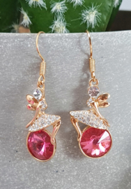 Oorbellen - hanger - Elfje op strass - goud - roze