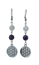 Oorbellen Flower of life - Levensbloem - Amethist - Bergkristal - 6.5 cm