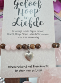 Armband - Geloof, Hoop en Liefde - Vriendschapsarmband - Rozenkwarts Edelsteen