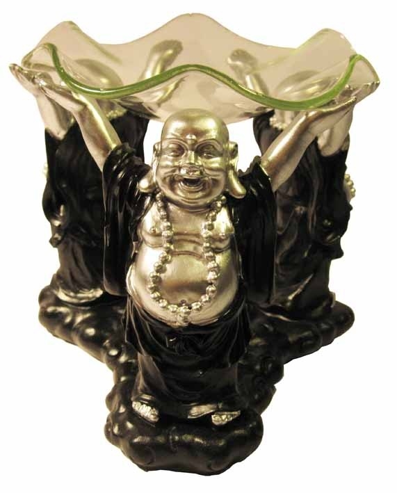 Oliebrander  - Blije Boeddha - zwart - zilver - met glas - 12 cm