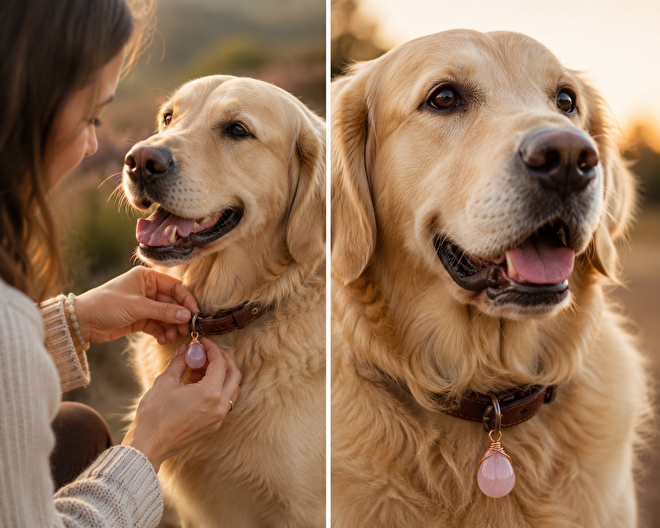 edelstenen voor honden golden retriever met rozenkwarts aan halsband