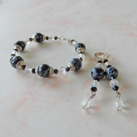Armband + oorbellen van sneeuwvlok-obsidiaan en maansteen (19 cm)