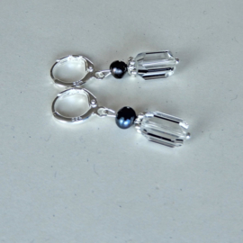 Kristal met zwarte zoetwaterparel aan zilveren ringen