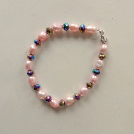 Armband + oorbellen van grote roze zoetwaterparels met kristal (19 cm lang)
