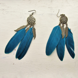 Oorbellen met droomvanger en blauwe veren (ongeveer 10 cm)