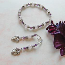 Armband + oorbellen van rozenkwarts en Indiaas zilver met kristal (19 cm)