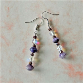 Ketting + armband + oorbellen van paars keramiek, maansteen en kristal (46 en 19 cm lang)