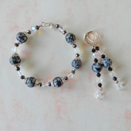 Armband + oorbellen van sneeuwvlok-obsidiaan en maansteen (19 cm)