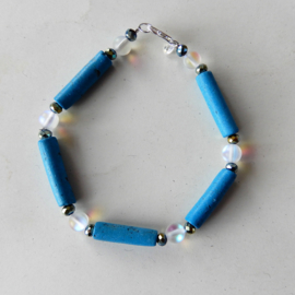 Armband + oorbellen van blauwe stenen staafjes met kristal en maansteen (19,5 cm)