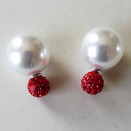 Double dots oorbellen /witte parel met rode strass