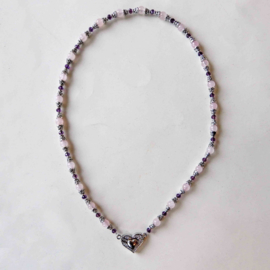 Ketting van rozenkwarts en Indiaas zilver(51 cm)