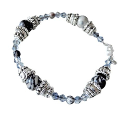 Armband van grijze natuursteen met kristal en tibetaans zilver (18,5 cm)