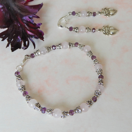 Armband + oorbellen van rozenkwarts en Indiaas zilver met kristal (19 cm)