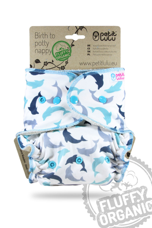 Petit Lulu onesize Fluffy Organic - Dolphins (drukknoop)