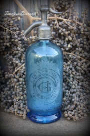 Franse blauwe spuitfles met gravure