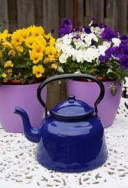 Donkerblauwe emaille waterketel