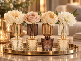 SALE!!! Set van 4 kleine vaasjes in bruin naturel glas