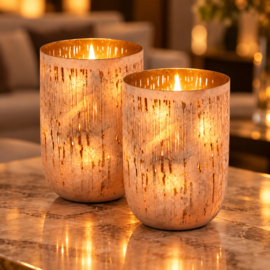 SALE!!! Set van 2 Windlichten roest look goud