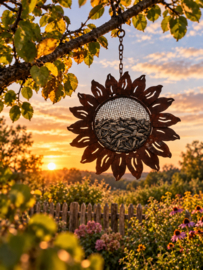 Zonnebloem hangend voor zonnebloemzaadjes
