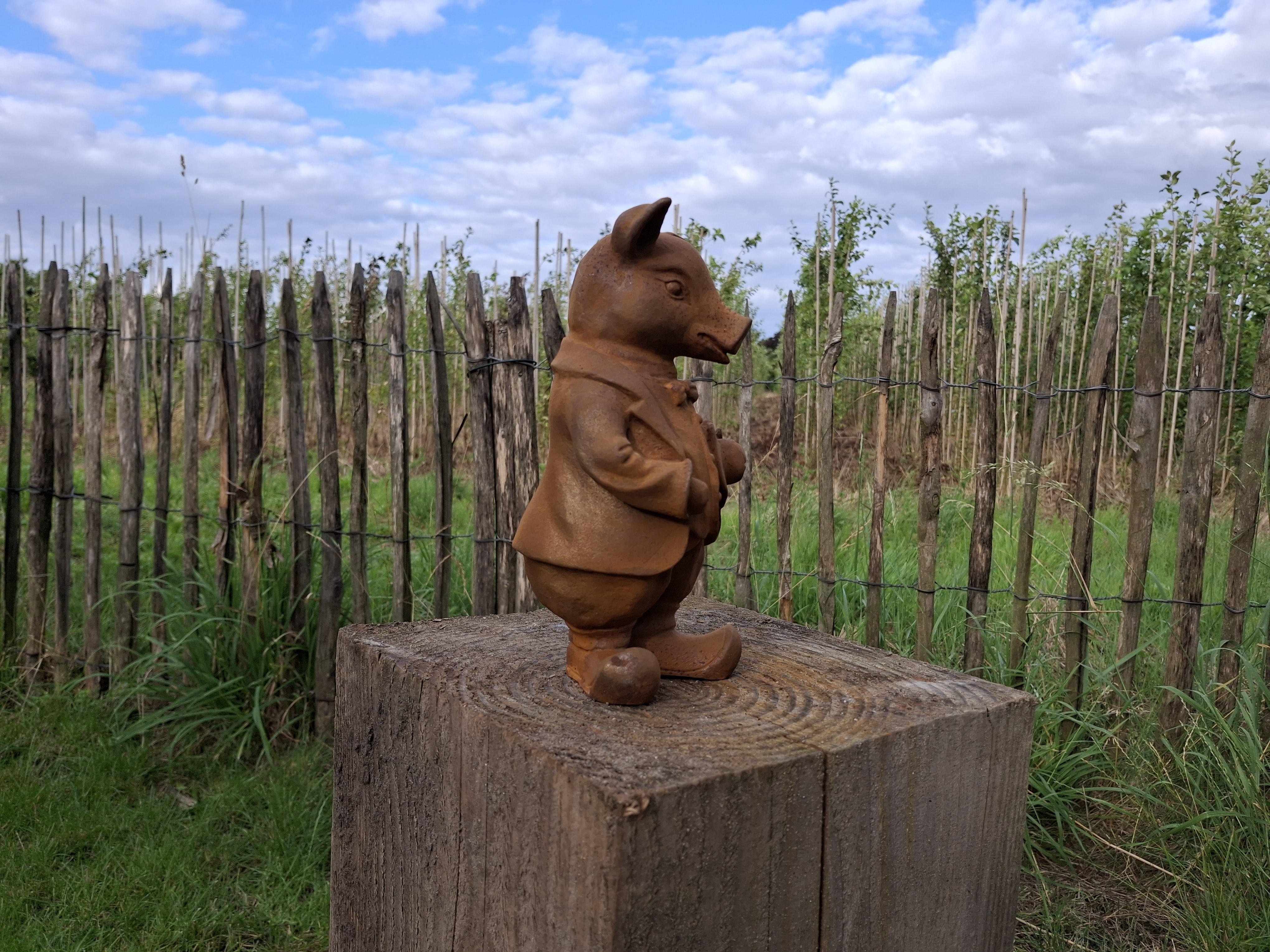 Tuinbeeld  varken  met hoed -M-