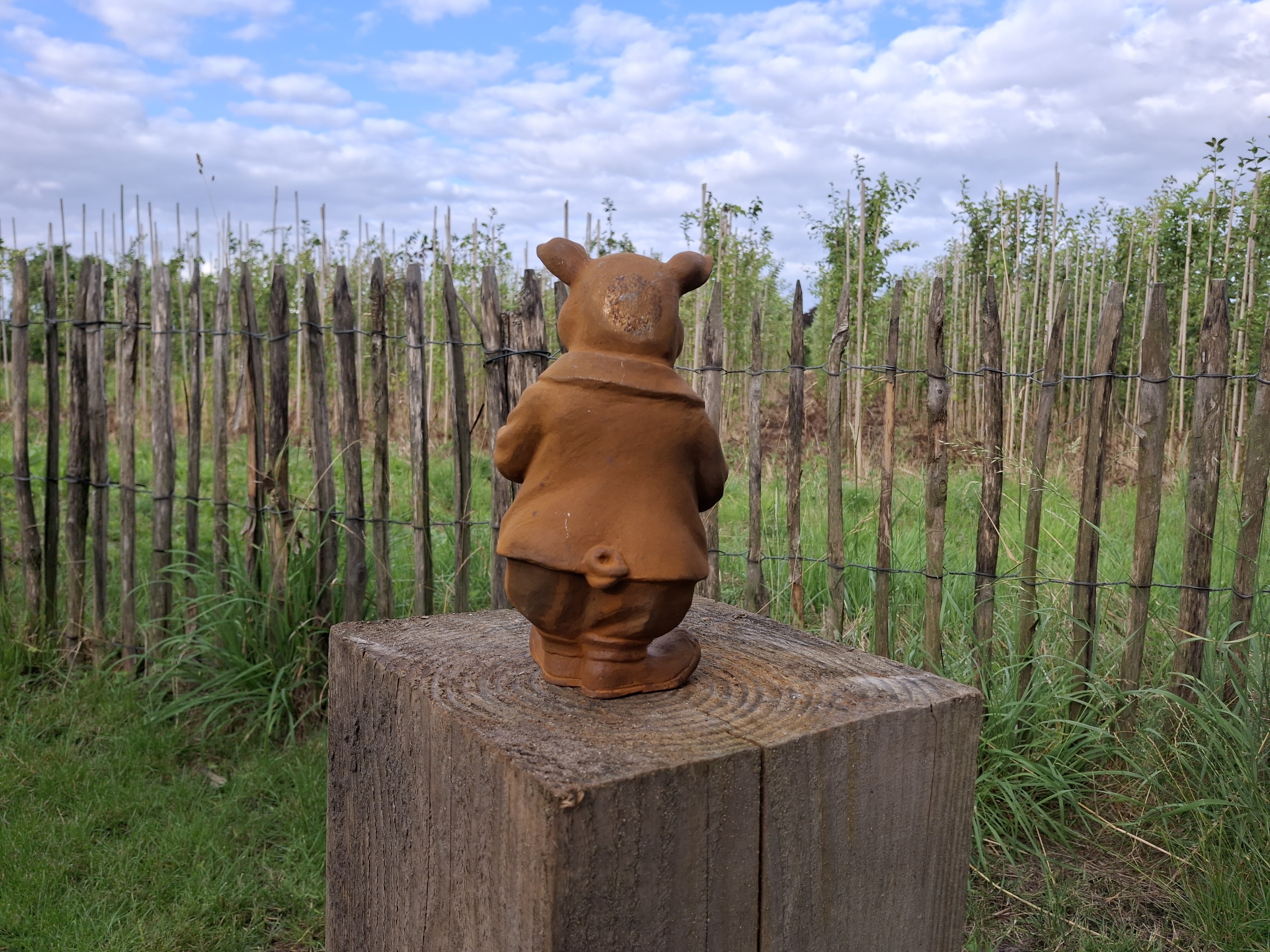 Tuinbeeld  varken  met hoed -M-