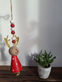 Kersthanger rendier rood met belletje.