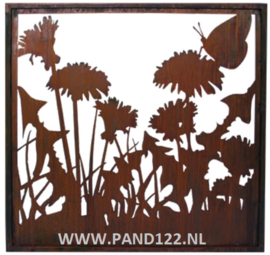 Tuinscherm met paardenbloemen en vlinder