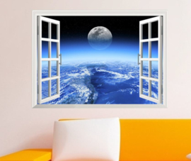 Muursticker raam met uitzicht op maan en aarde
