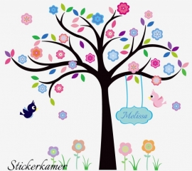 Kleurrijke boom + vogels + bloemen + naam